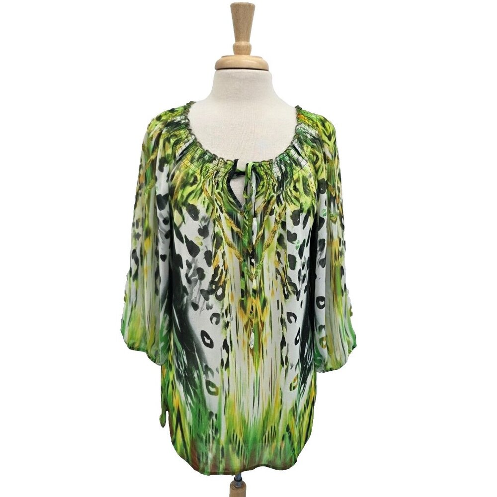 Muska by Sienna Rose Womens Peasant Sheer Top Sz M Green/Yellow 3/4 Sleeve Boho